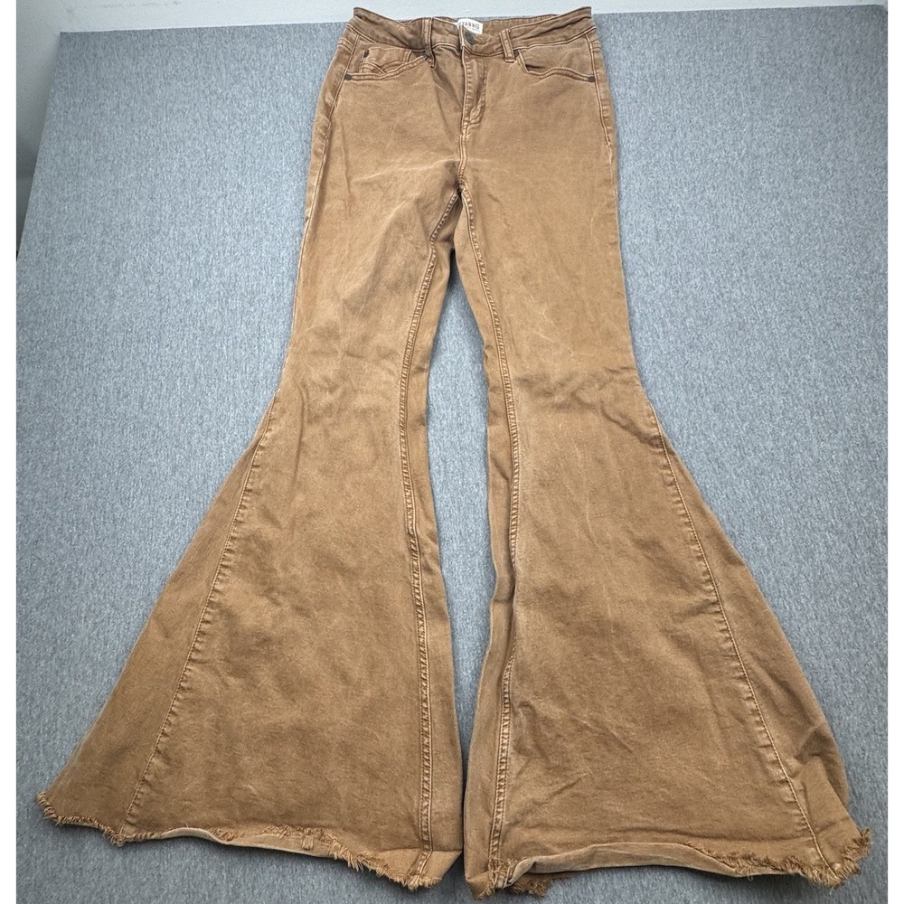Shyanne Super Flare Light Brown Denim Mid Rise Raw Hem Bell Bottom Jean Sz 30x34